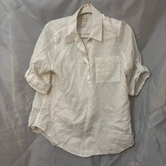 Chico’s Women’s Size 1 (Medium) No Iron White Eyelet Pocket Blouse - Picture 1 of 4